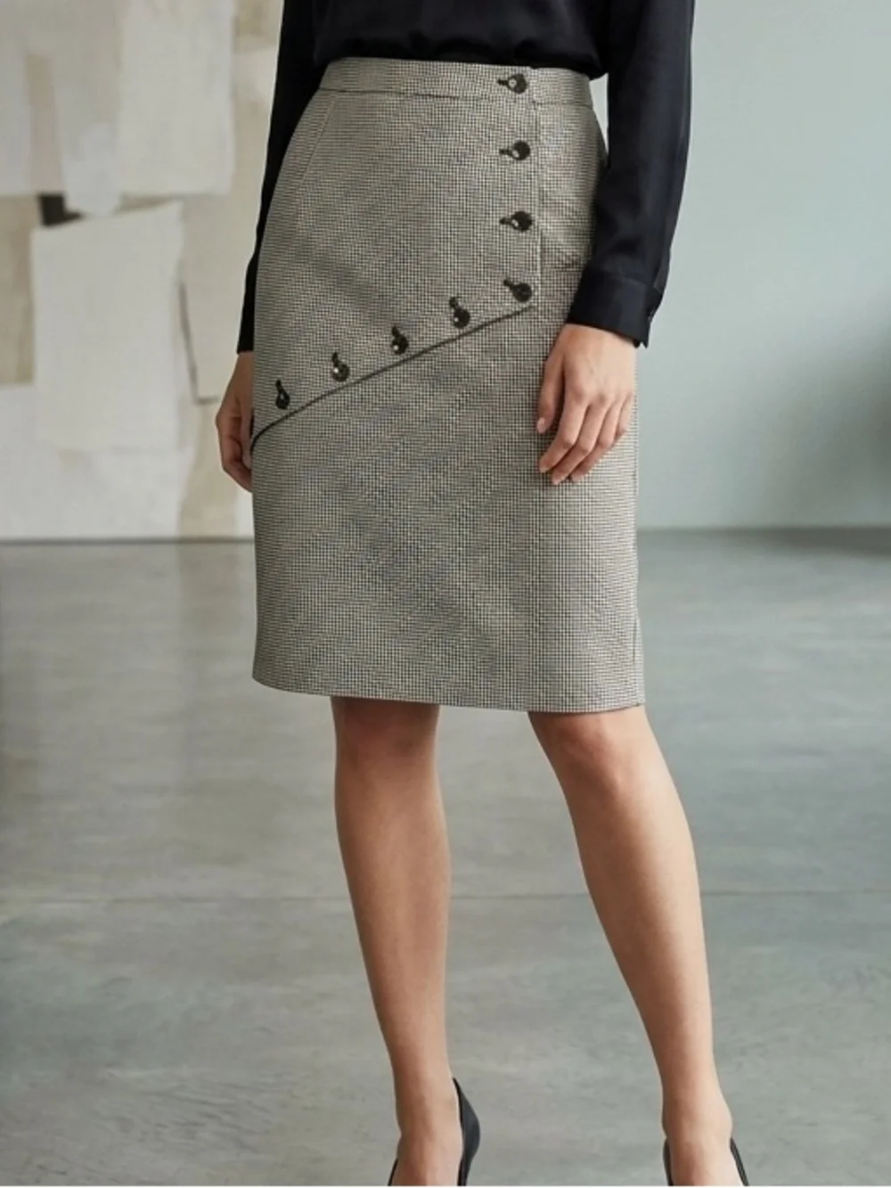 ALEXANDER MCQUEEN Houndstooth Button-Accent Pencil Skirt (B)